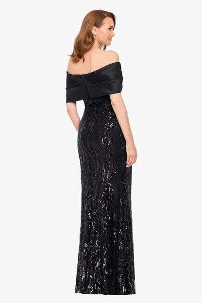"Breezy" Sequin Off Shoulder Taffeta Twist Dress - Black | Betsy & Adam