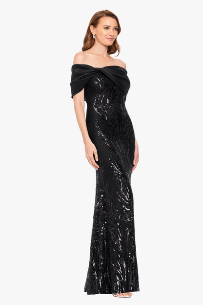 "Breezy" Sequin Off Shoulder Taffeta Twist Dress - Black | Betsy & Adam