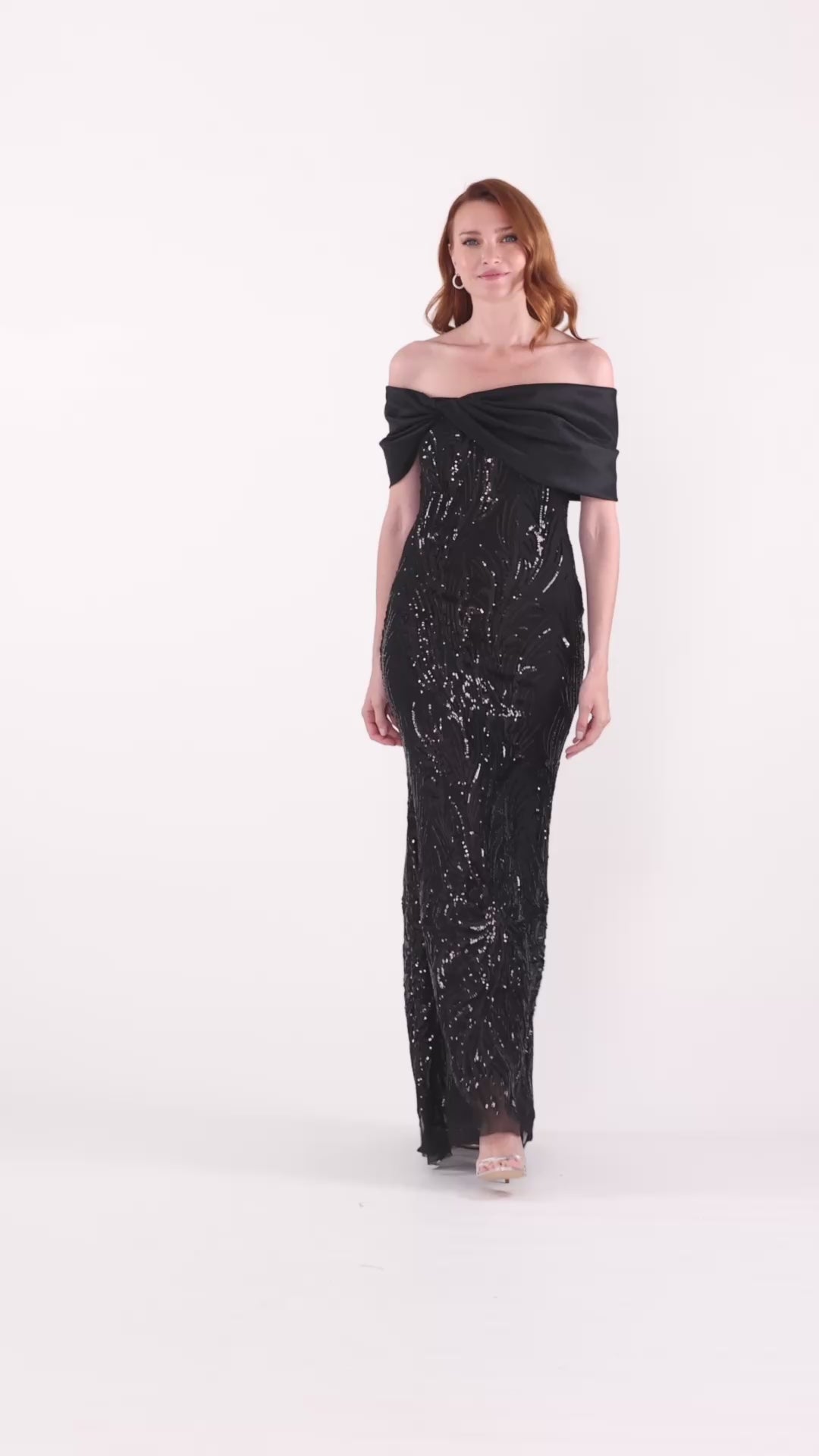 "Breezy" Sequin Off Shoulder Taffeta Twist Dress - Black | Betsy & Adam