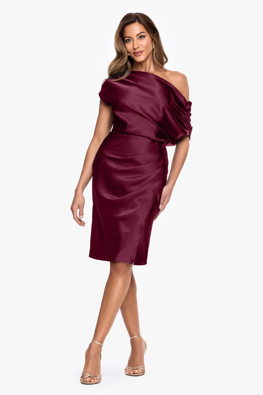 "Macy" Satin Off The Shoulder Ruched Short Dress - Burgundy | Betsy & Adam