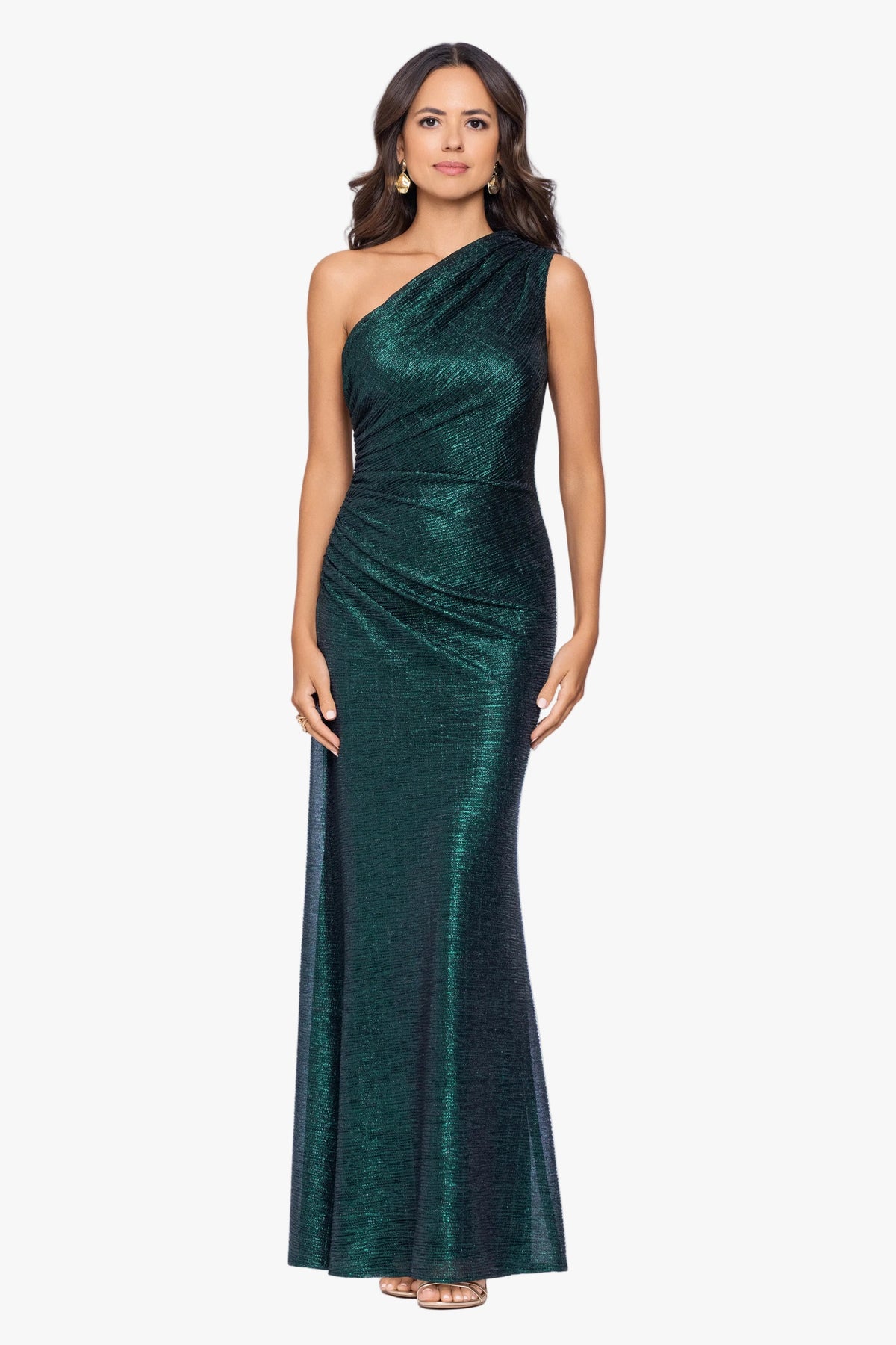 "Avril" Metallic One Shoulder Ruched Dress - Black/Emerald | Betsy & Adam