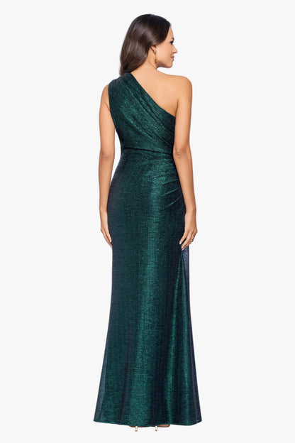 "Avril" Metallic One Shoulder Ruched Dress - Black/Emerald | Betsy & Adam