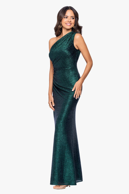 "Avril" Metallic One Shoulder Ruched Dress - Black/Emerald | Betsy & Adam