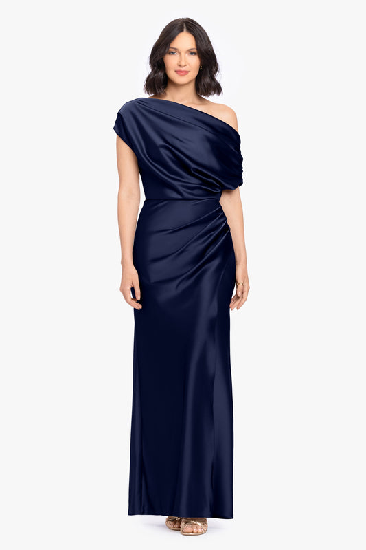 “Hailey” Double Faced Satin Off The Shoulder Ruched Dress - Navy | Betsy & Adam