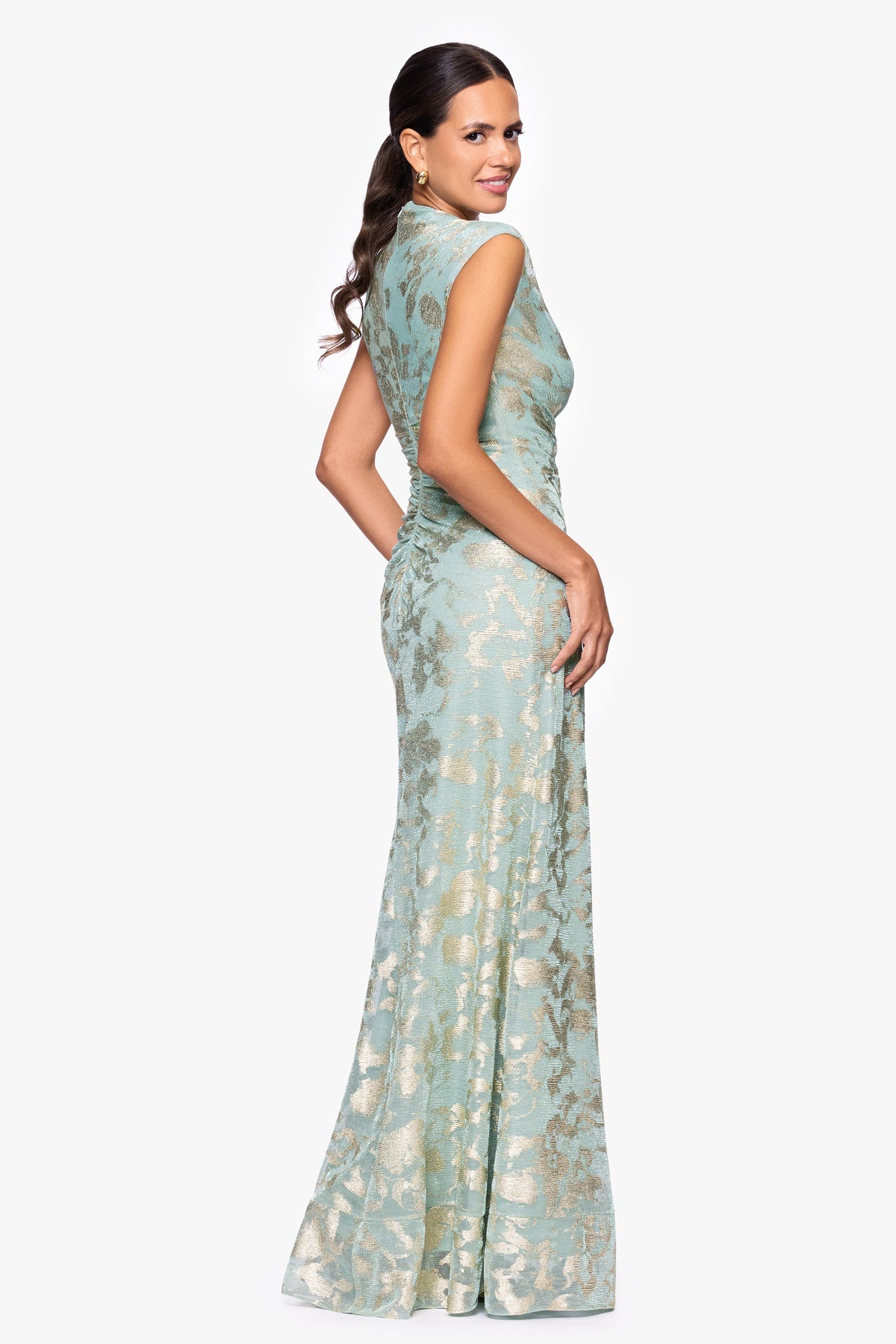 Petite "Cory" Metallic Print Ruched Dress - Sage/Gold | Betsy & Adam
