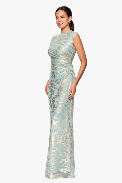Petite "Cory" Metallic Print Ruched Dress - Sage/Gold | Betsy & Adam