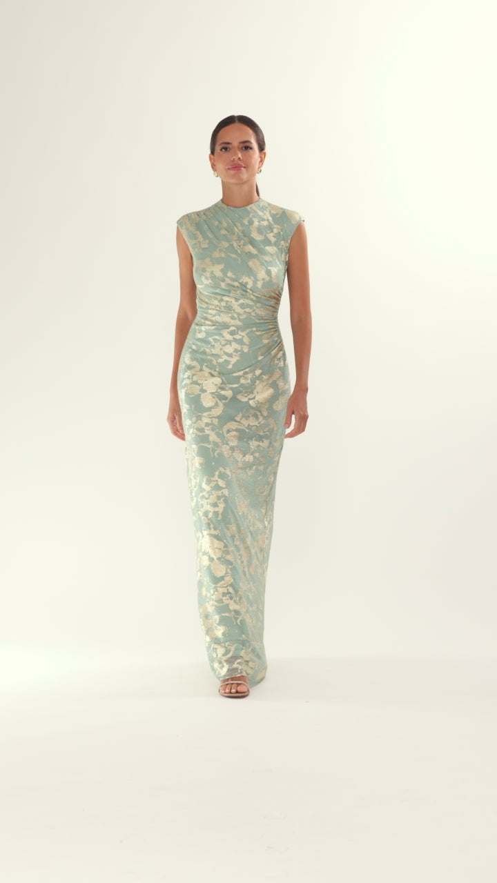 Petite "Cory" Metallic Print Ruched Dress - Sage/Gold | Betsy & Adam