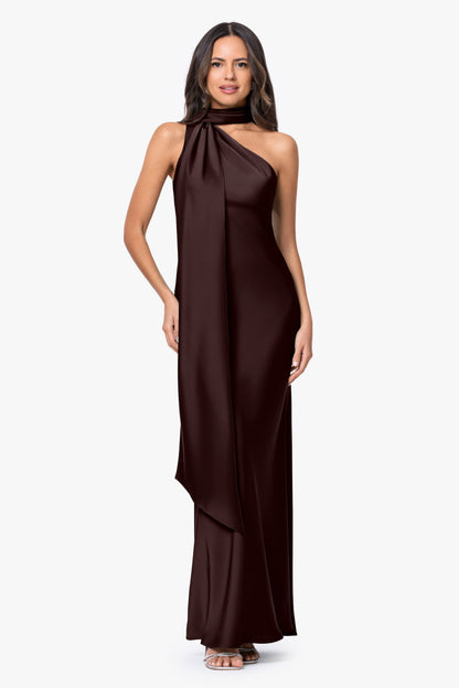 "Fallon" Satin Asymmetrical Necktie Sash Dress - Brown | Betsy & Adam