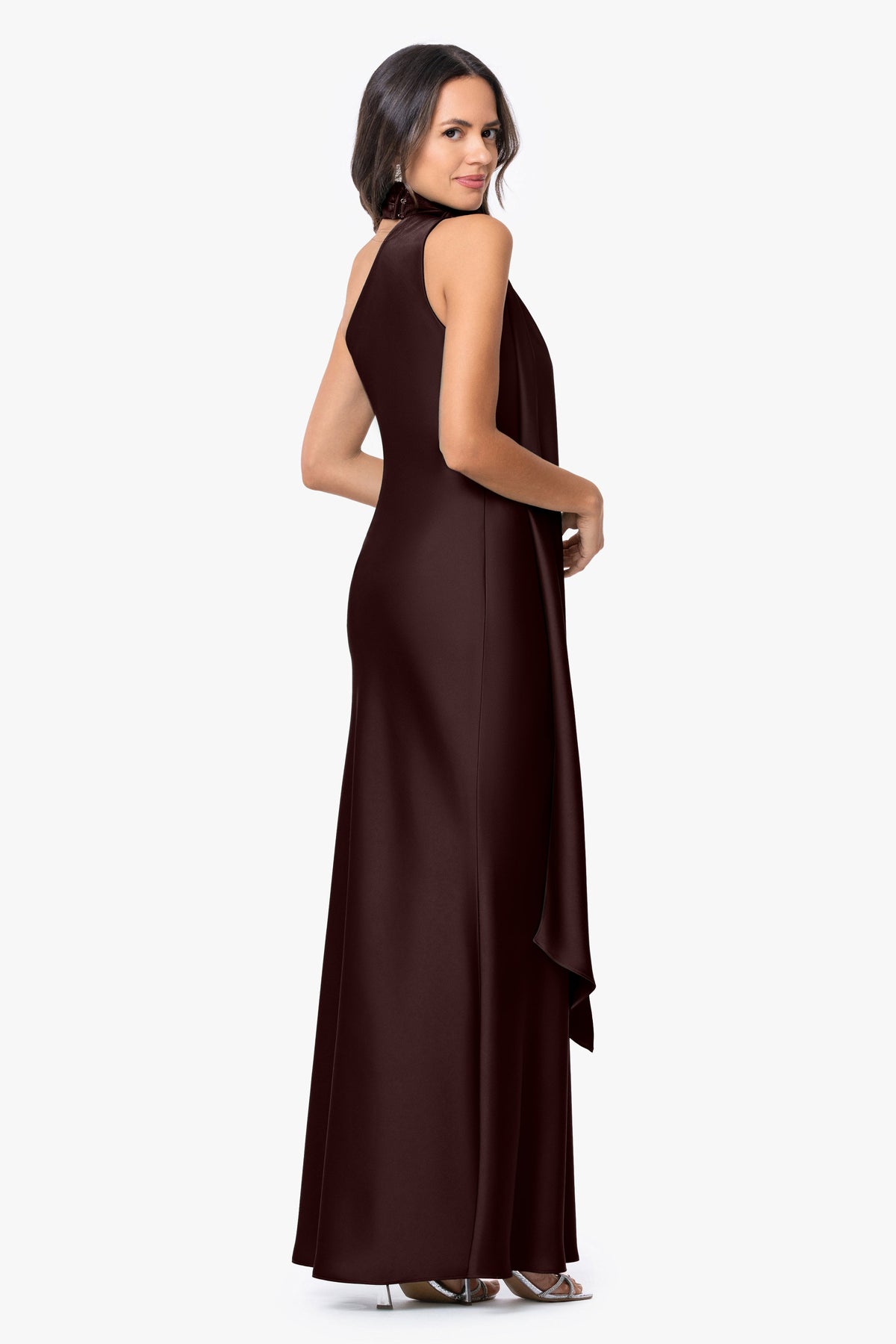 "Fallon" Satin Asymmetrical Necktie Sash Dress - Brown | Betsy & Adam
