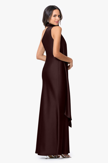 "Fallon" Satin Asymmetrical Necktie Sash Dress - Brown | Betsy & Adam