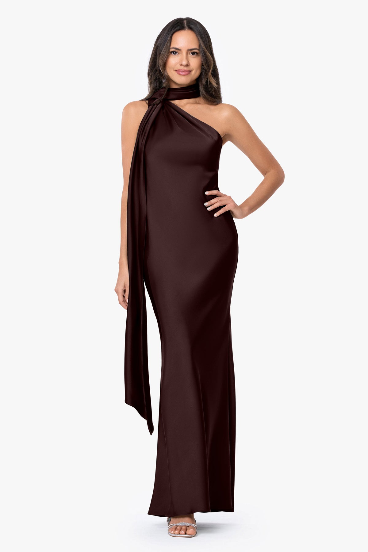 "Fallon" Satin Asymmetrical Necktie Sash Dress - Brown | Betsy & Adam
