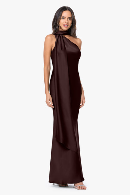 "Fallon" Satin Asymmetrical Necktie Sash Dress - Brown | Betsy & Adam