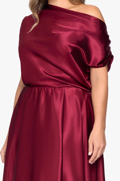 Plus "Soley" Charmeuse Off Shoulder Ruched Gown - Burgundy | Betsy & Adam