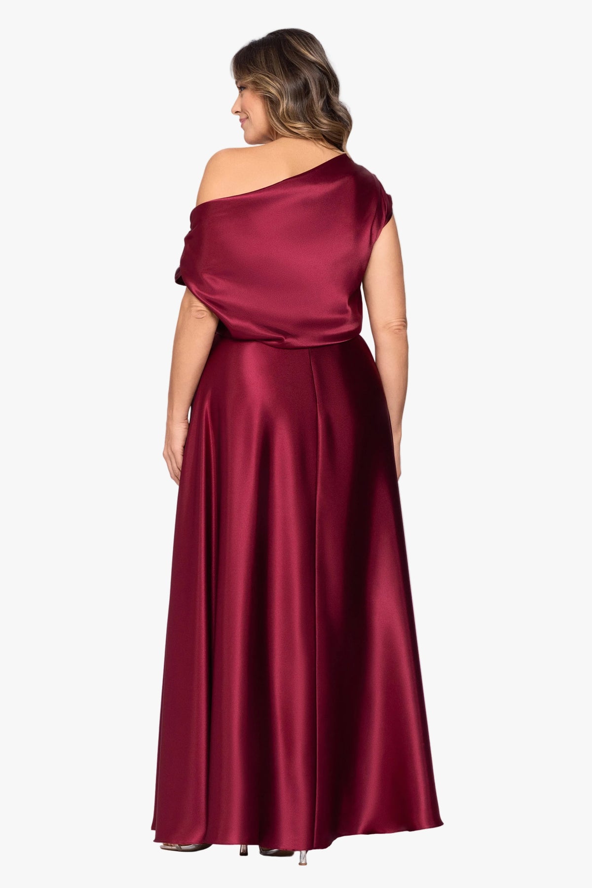 Plus "Soley" Charmeuse Off Shoulder Ruched Gown - Burgundy | Betsy & Adam