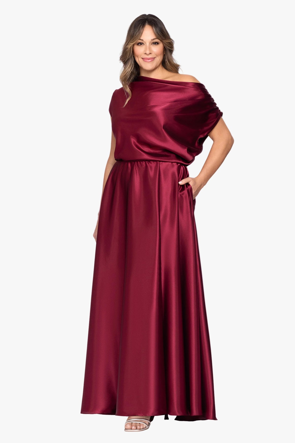 Plus "Soley" Charmeuse Off Shoulder Ruched Gown - Burgundy | Betsy & Adam