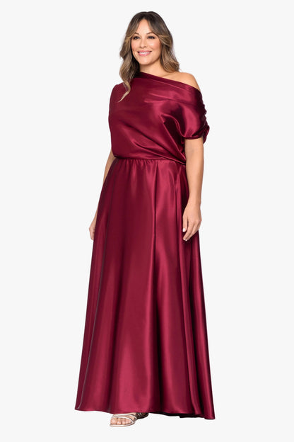 Plus "Soley" Charmeuse Off Shoulder Ruched Gown - Burgundy | Betsy & Adam