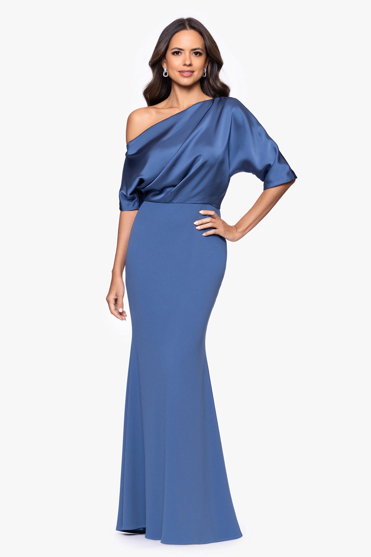 "Ana" Scuba Crepe & Satin Drop Shoulder Dress - Slate | Betsy & Adam
