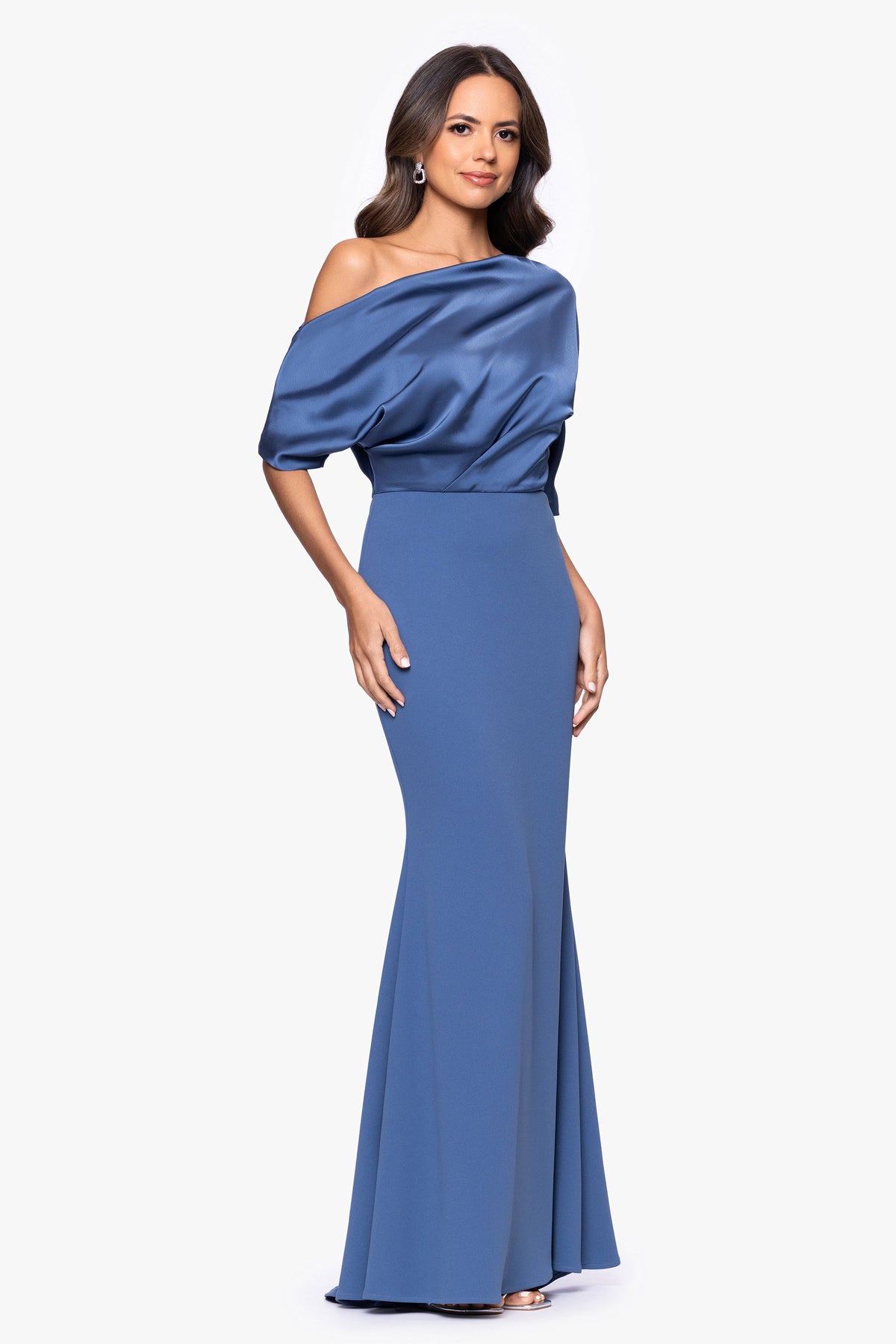 "Ana" Scuba Crepe & Satin Drop Shoulder Dress - Slate | Betsy & Adam