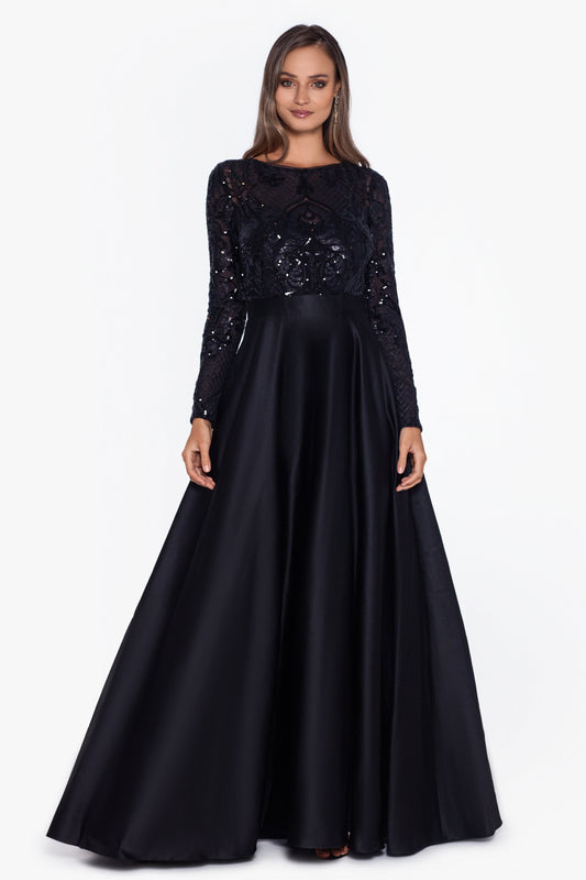 "Vanessa" Sequin Long Sleeve A-Line Ballgown - Black | Betsy & Adam