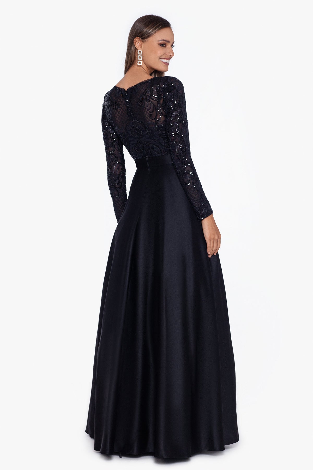 "Vanessa" Sequin Long Sleeve A-Line Ballgown - Black | Betsy & Adam