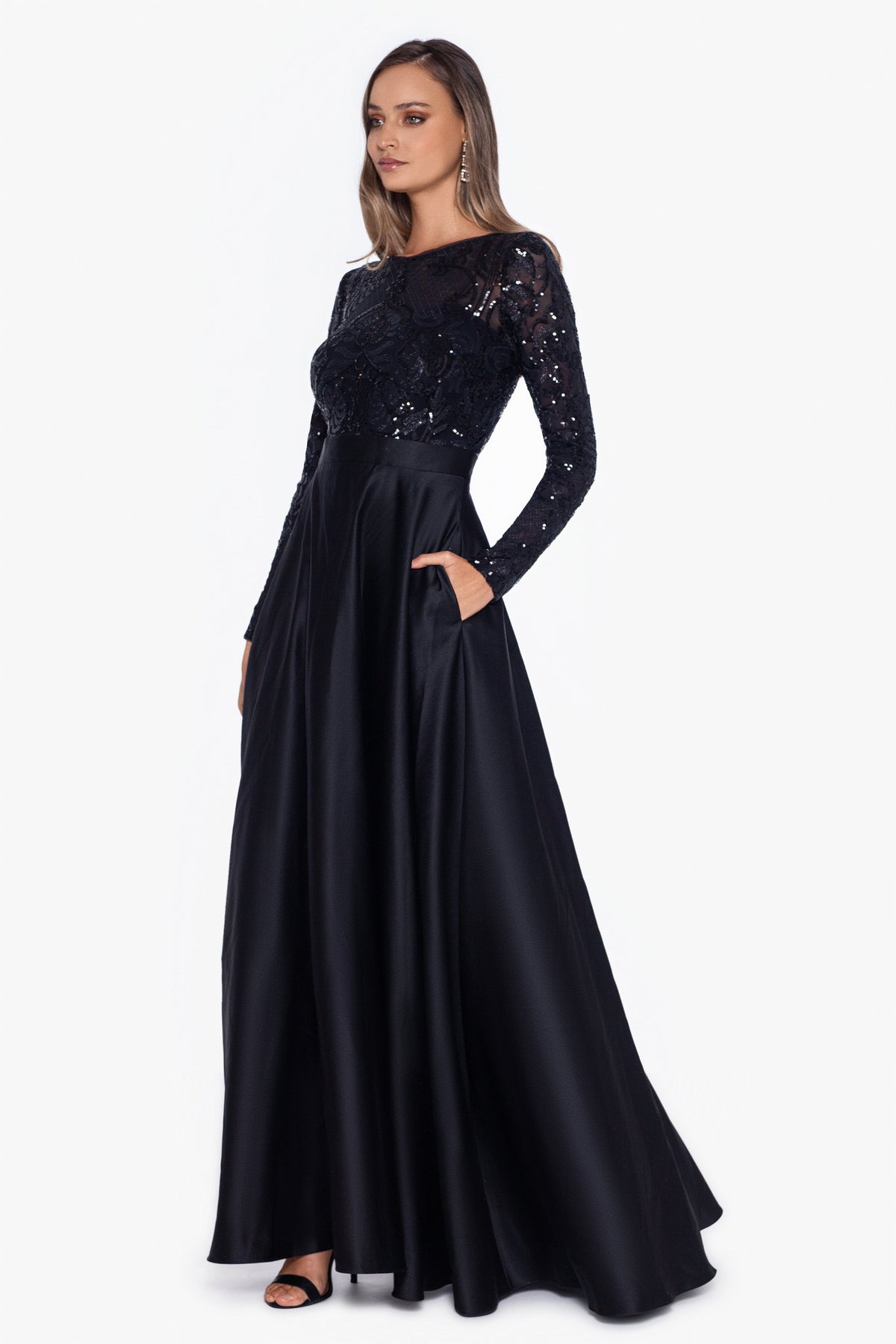 "Vanessa" Sequin Long Sleeve A-Line Ballgown - Black | Betsy & Adam