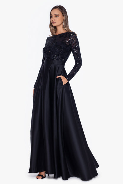 "Vanessa" Sequin Long Sleeve A-Line Ballgown - Black | Betsy & Adam