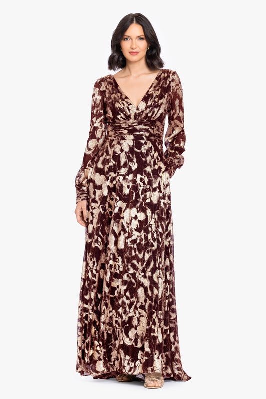 Petite "Melanie" Metallic Knit V-Neck Long Sleeve Dress - Wine/Gold | Betsy & Adam