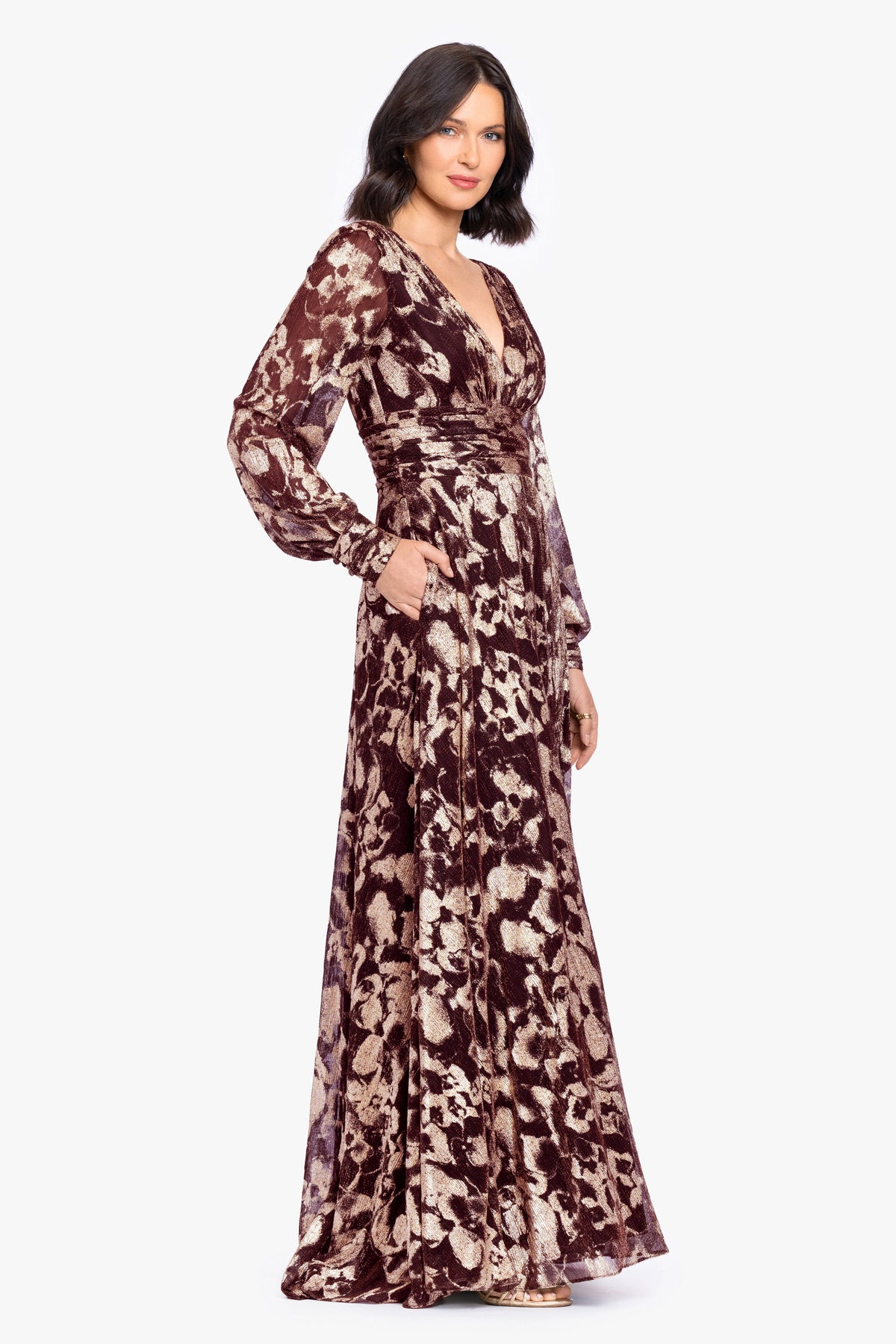 Petite "Melanie" Metallic Knit V-Neck Long Sleeve Dress - Wine/Gold | Betsy & Adam