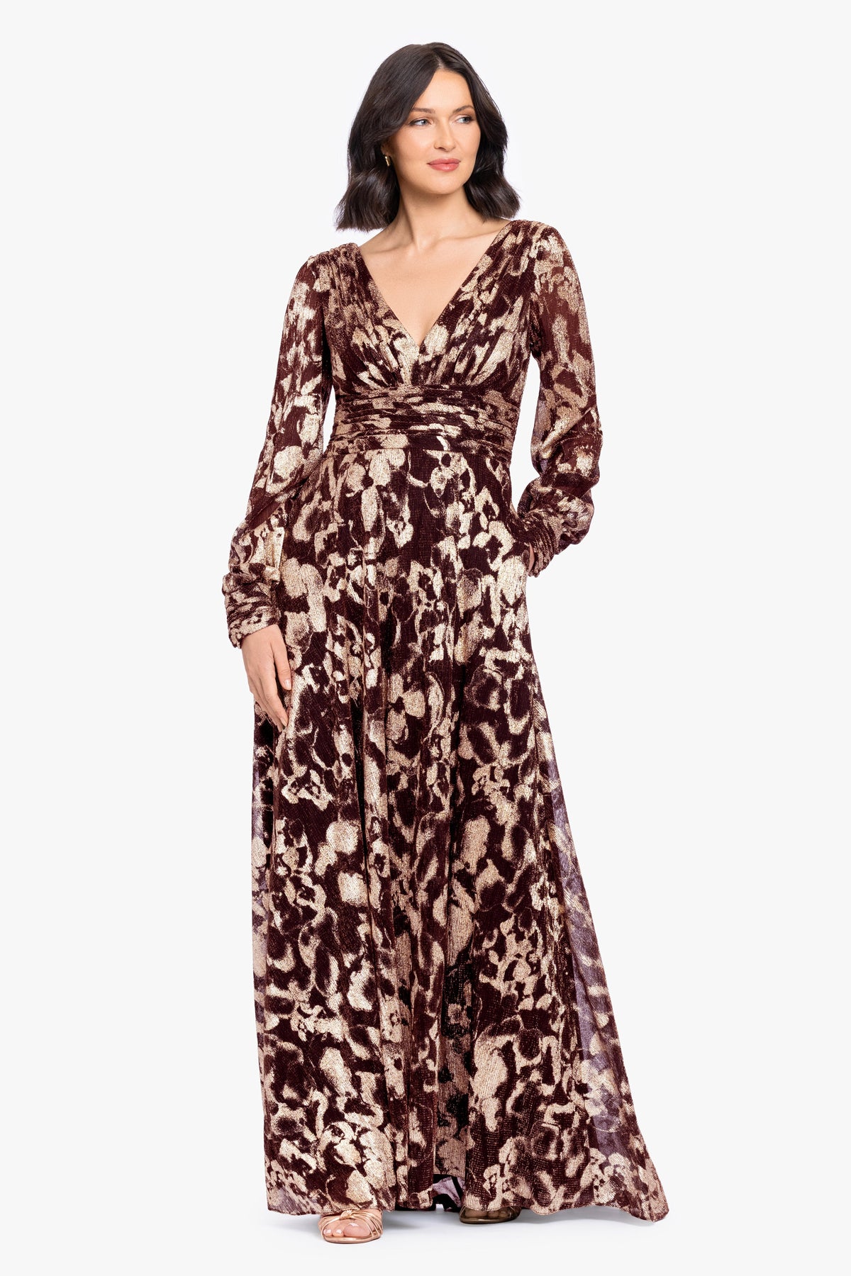 Petite "Melanie" Metallic Knit V-Neck Long Sleeve Dress - Wine/Gold | Betsy & Adam