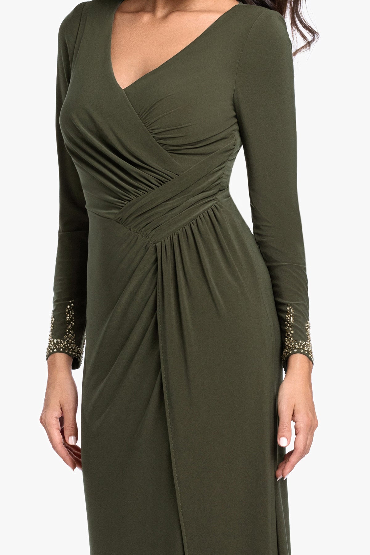 "Taryn" Jersey Knit V-Neck Beaded Long Sleeve Dress - Olive | Betsy & Adam