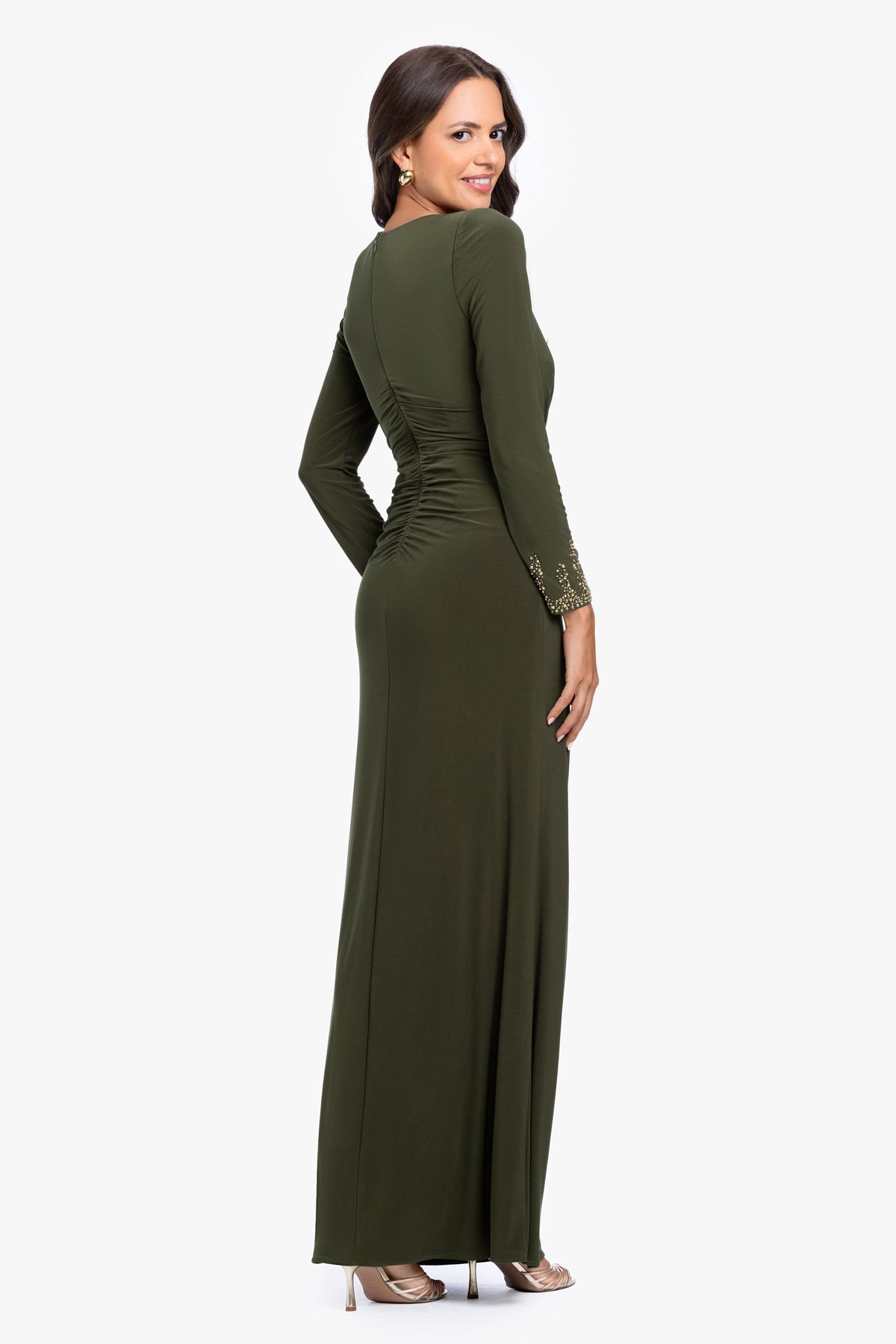 "Taryn" Jersey Knit V-Neck Beaded Long Sleeve Dress - Olive | Betsy & Adam
