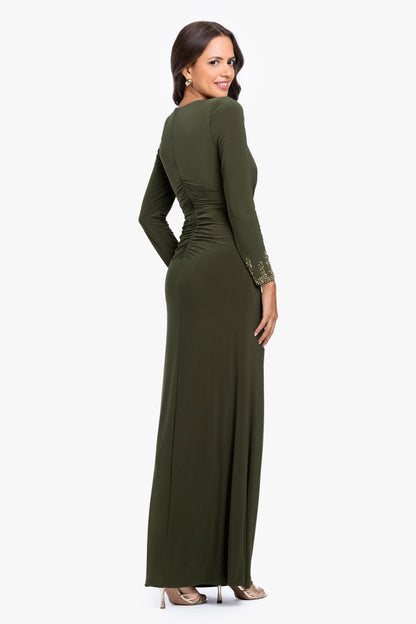 "Taryn" Jersey Knit V-Neck Beaded Long Sleeve Dress - Olive | Betsy & Adam