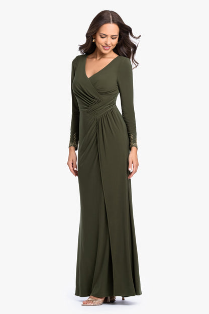 "Taryn" Jersey Knit V-Neck Beaded Long Sleeve Dress - Olive | Betsy & Adam