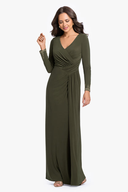 "Taryn" Jersey Knit V-Neck Beaded Long Sleeve Dress - Olive | Betsy & Adam