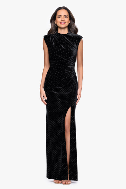 "Andrea" Studded Velvet Slit Dress - Black/Silver | Betsy & Adam
