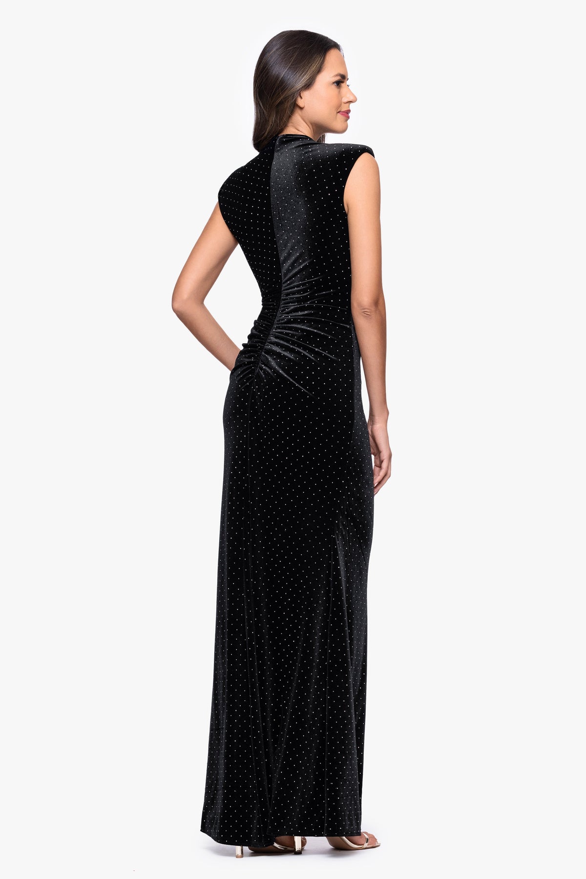 "Andrea" Studded Velvet Slit Dress - Black/Silver | Betsy & Adam