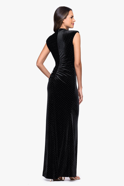 "Andrea" Studded Velvet Slit Dress - Black/Silver | Betsy & Adam