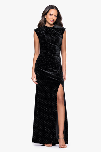 "Andrea" Studded Velvet Slit Dress - Black/Silver | Betsy & Adam