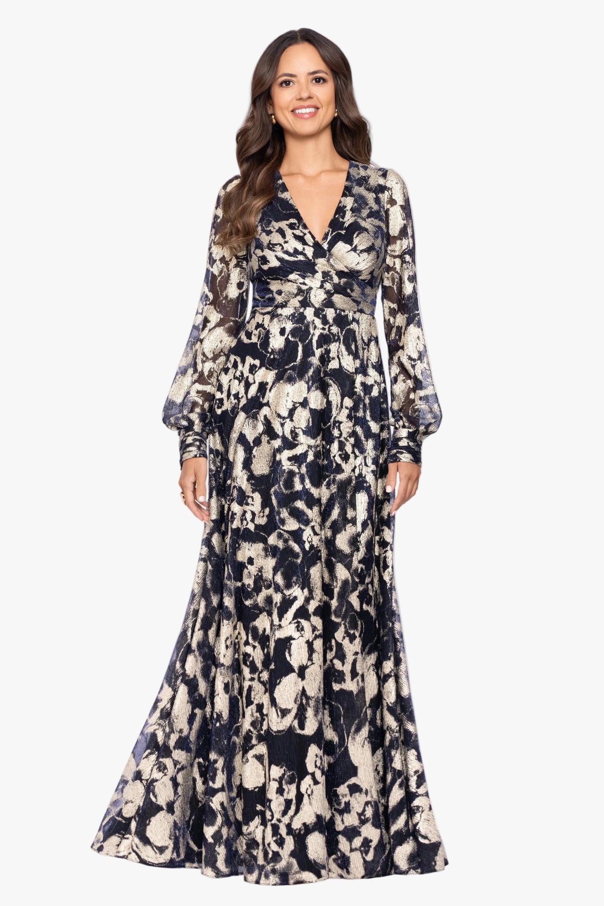 Petite "Meadow" Metallic Long Sleeve V-Neck Dress - Navy/Gold | Betsy & Adam
