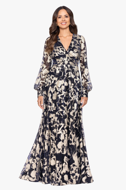 Petite "Meadow" Metallic Long Sleeve V-Neck Dress - Navy/Gold | Betsy & Adam