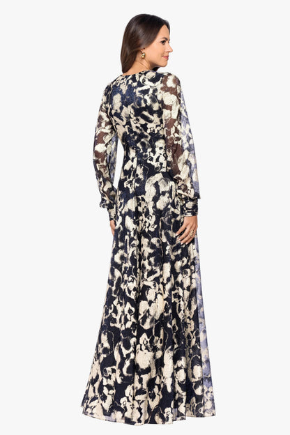 Petite "Meadow" Metallic Long Sleeve V-Neck Dress - Navy/Gold | Betsy & Adam