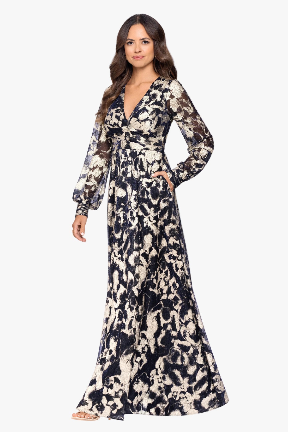 Petite "Meadow" Metallic Long Sleeve V-Neck Dress - Navy/Gold | Betsy & Adam