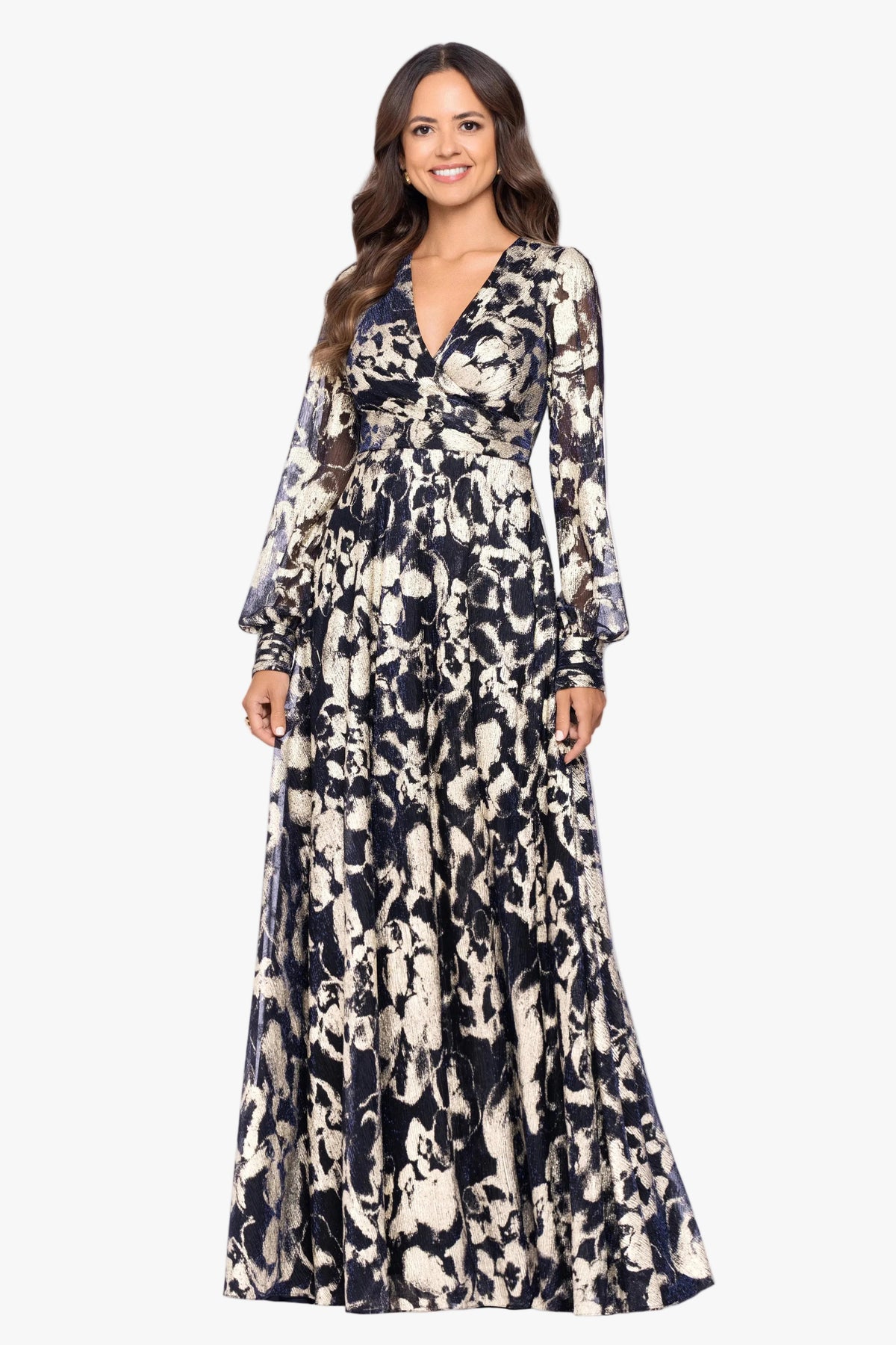 Petite "Meadow" Metallic Long Sleeve V-Neck Dress - Navy/Gold | Betsy & Adam