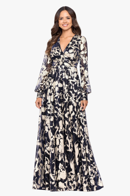 Petite "Meadow" Metallic Long Sleeve V-Neck Dress - Navy/Gold | Betsy & Adam