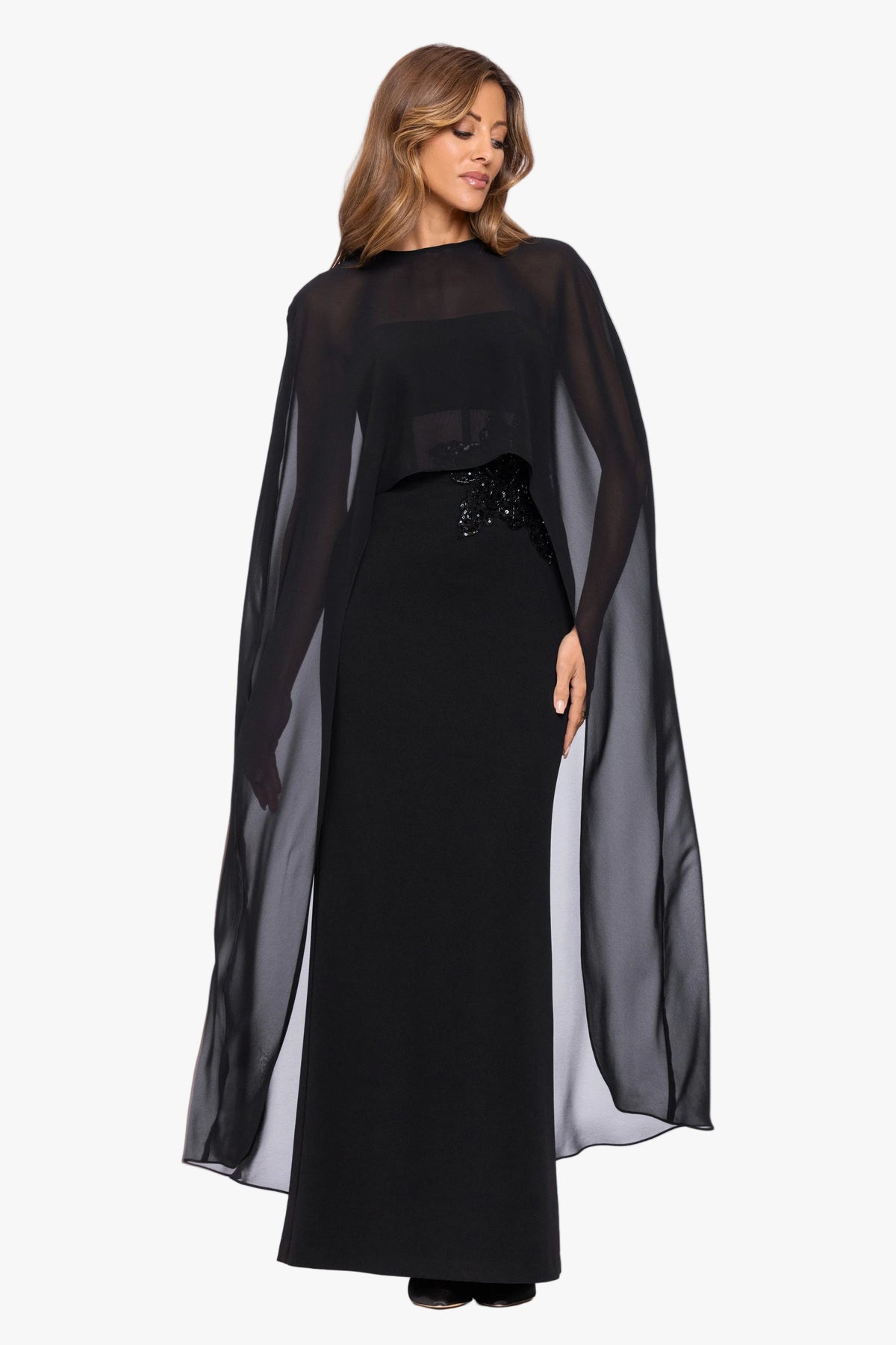 "Lee" Souffle Chiffon Long Cape - Black | Betsy & Adam