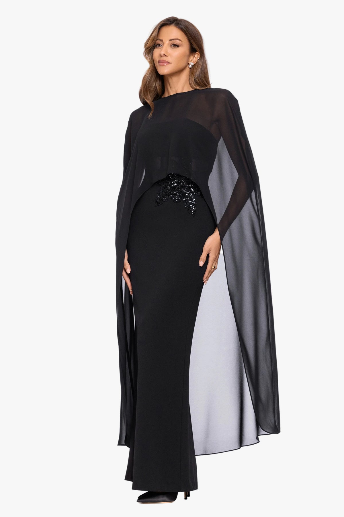 "Lee" Souffle Chiffon Long Cape - Black | Betsy & Adam
