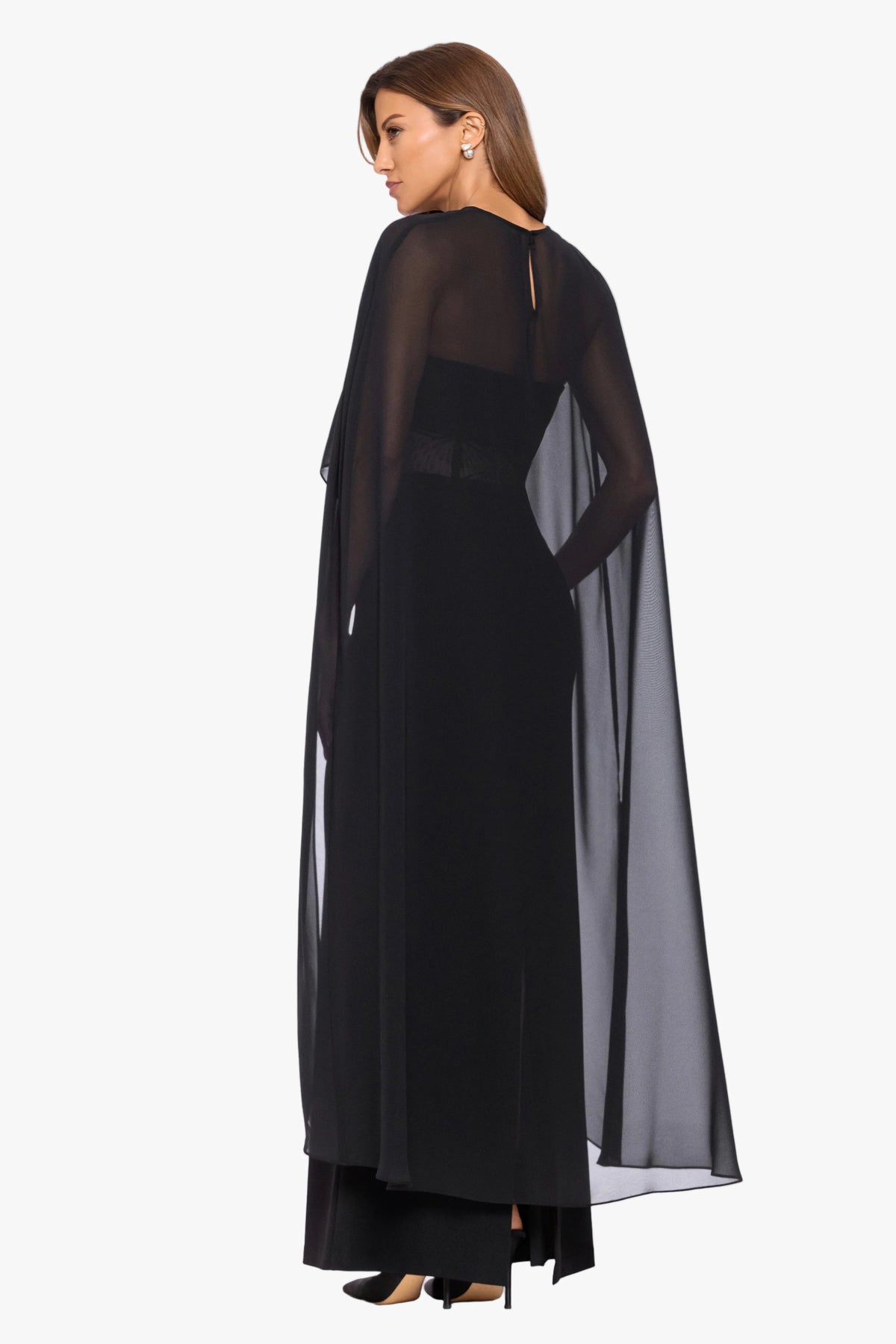 "Lee" Souffle Chiffon Long Cape - Black | Betsy & Adam