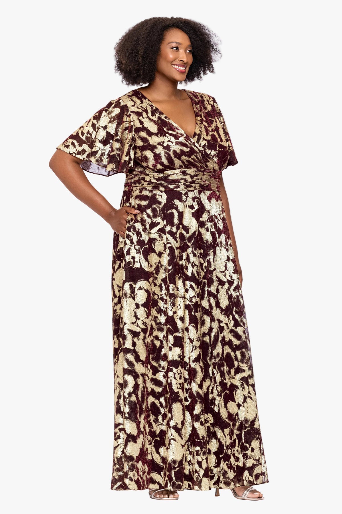Plus "Polly" Metallic Short Sleeve Dress - Wine/Gold | Betsy & Adam