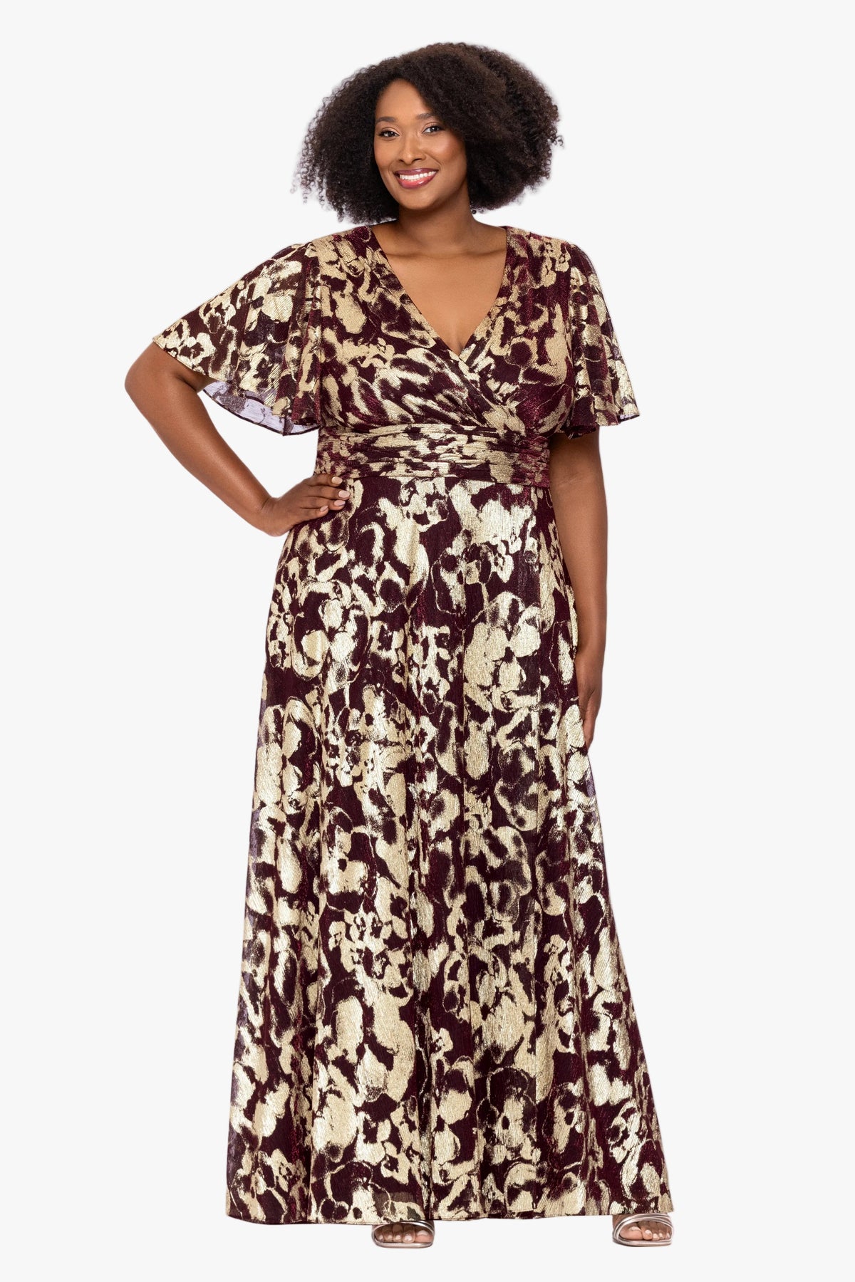 Plus "Polly" Metallic Short Sleeve Dress - Wine/Gold | Betsy & Adam