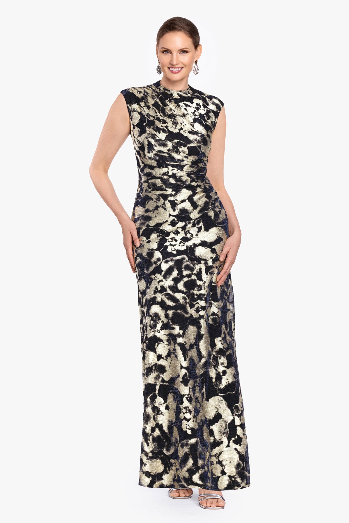 Petite "Cory" Metallic Print Ruched Dress - Navy/Gold | Betsy & Adam